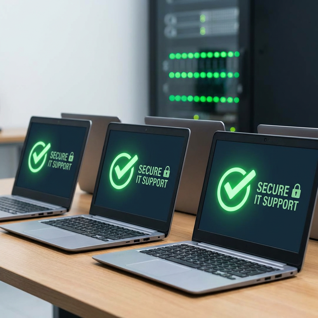 Laptops on a desk displaying SECURE IT SUPPORT with a server rack in the background.