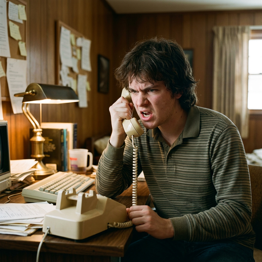Young man in striped shirt angrily speaking on a beige corded telephone at desk with computer and papers